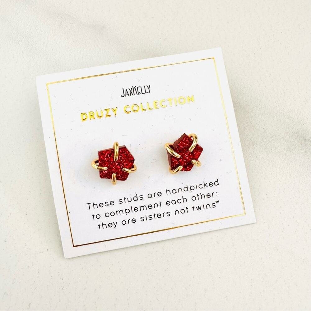 NEW ANTHROPOLOGIE Natural Ruby Red Druzy Stone Gold Earring Studs Jewelry - Picture 9 of 10